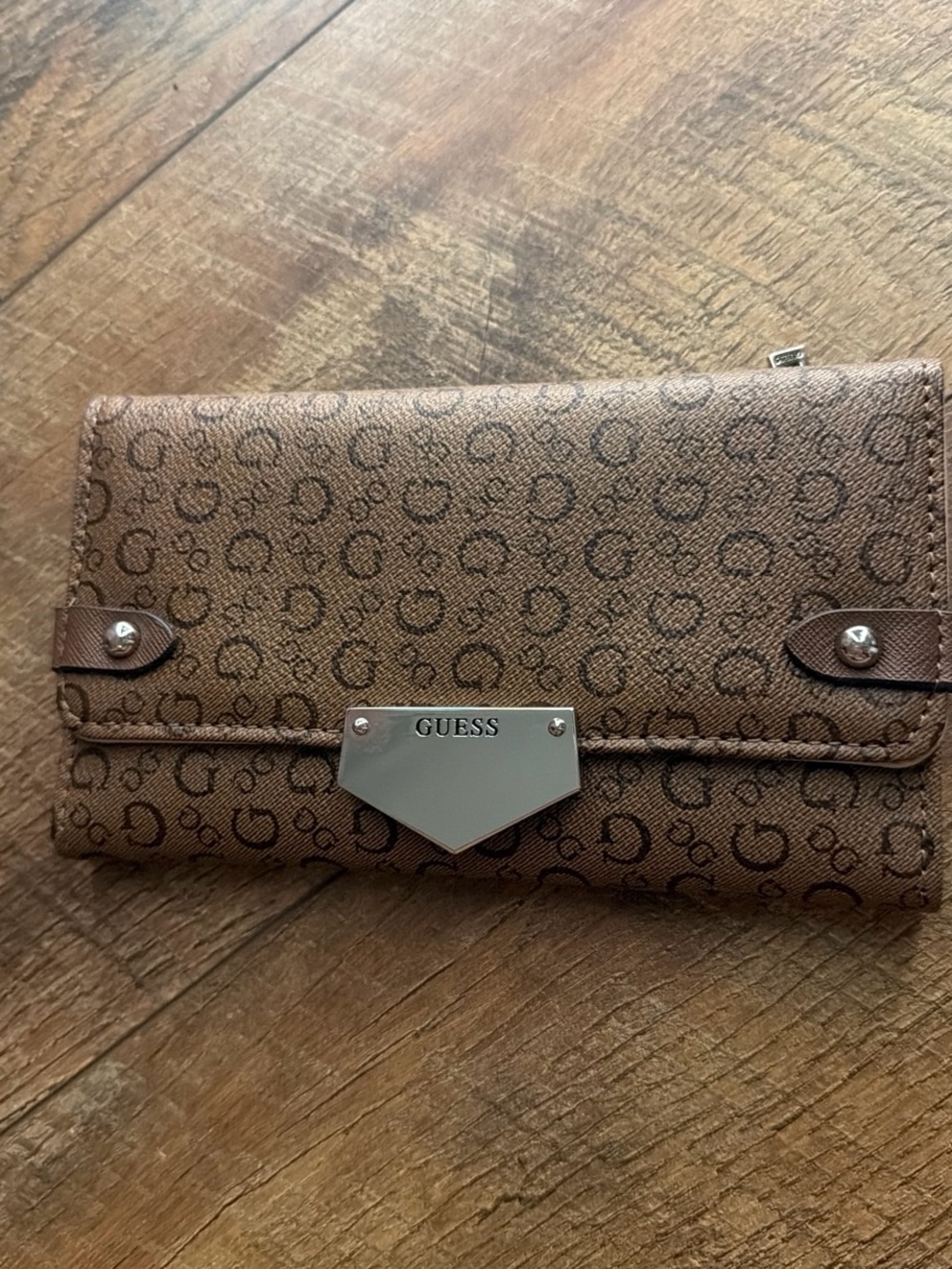GUESS Brown Monogram Continental Wallet with Silver Nameplate